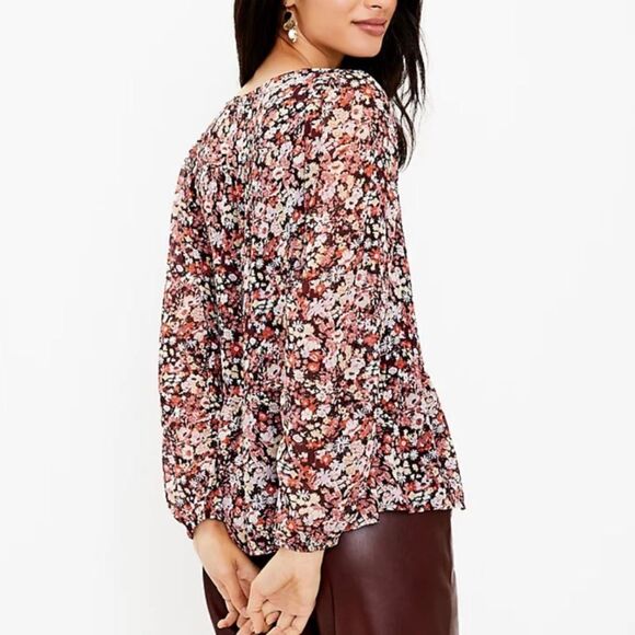 Loft Burgundy Floral V Neck Peplum Blouse - Picture 2 of 10